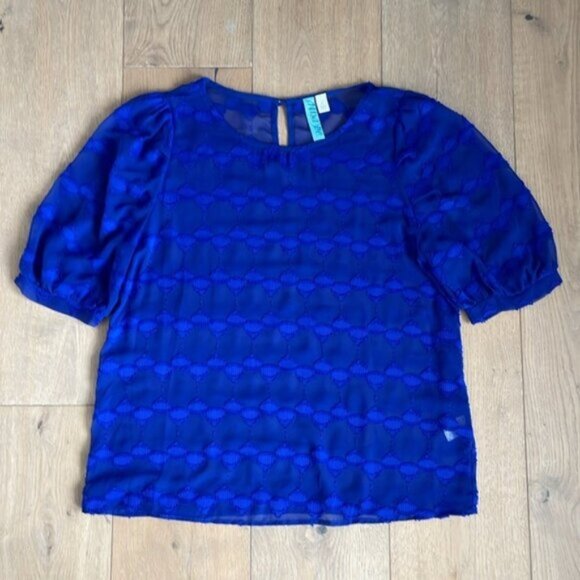 Aina Be Royal Blue Short Sleeve Sheer Shirt with Design - Picture 1 of 4